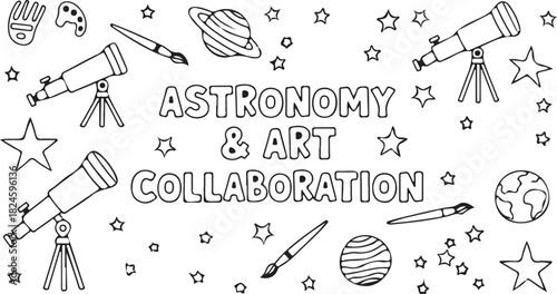 Astronomy & Art Collaboration: A creative collaboration between the realms of astronomy and art, illustrated with telescopes, planets, brushes and stars, creating a unique and educational design.