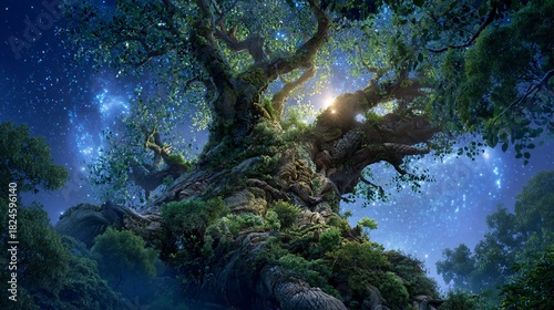 illustration of a Tree of Life whose leaves are miniature planets. One of the leaves has just been ignited by the light of a distant supernova, glowing brightly and symbolizing the birth of 