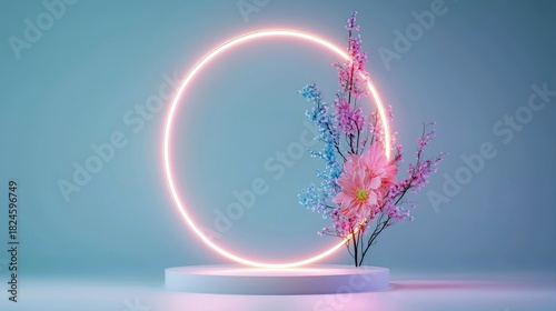 A delicate pink dahlia and branches with small pink and blue flowers are arranged on a white pedestal, framed by a glowing neon pink circle. The background is a