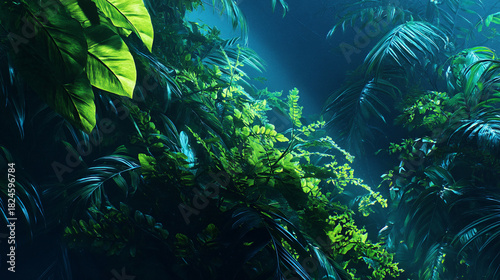 Lush tropical foliage with vibrant green leaves and a dark, moody atmosphere in a dense jungle