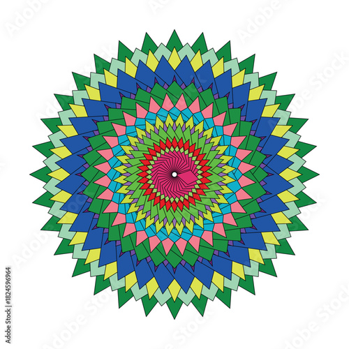 Vibrant geometric radial pattern with intricate shapes and colors