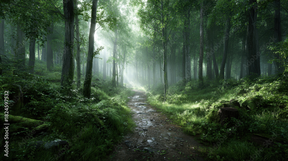 Fototapeta premium Misty forest path lined with young sapling and lush green undergrowth, sunbeams filtering through tall trees creating serene nature scene and soft atmospheric light