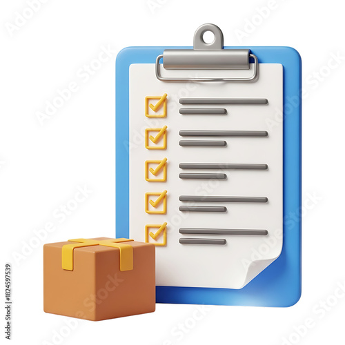 Order fulfillment checklist with package box 3d illustration. isolated on transparent background