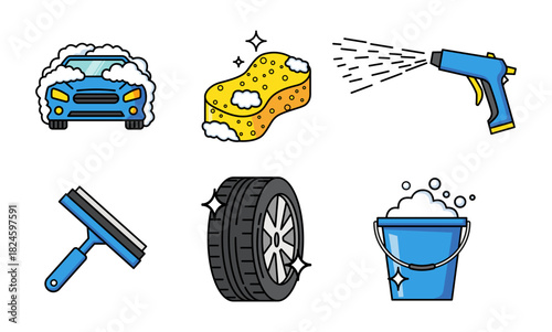 Set of car wash icon elements including car, sponge, sprayer, squeegee, tire