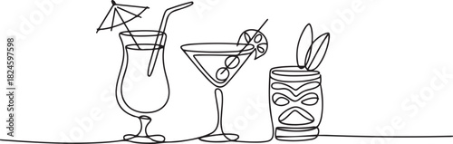 continuous line drawing exotic cocktail drinks. one line Icon drawing