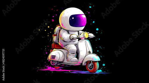 Whimsical cartoon astronaut riding a vintage white scooter with vibrant neon paint splatters on a dark background, cosmic delivery.