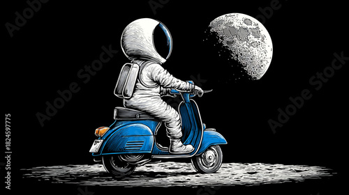 Whimsical astronaut in a spacesuit riding a retro blue scooter on a lunar surface with the moon glowing in deep space.