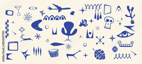 Mid-Century Modern Blue Icon Collage – Retro Abstract Vector Design for Merch & Decor