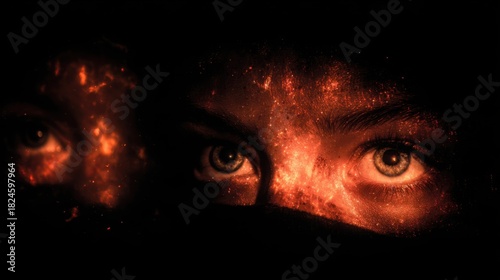 Surreal Digital Art of Human Eyes with Cosmic Fire Effect in Darkness