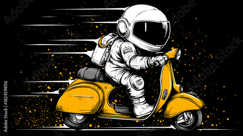 Astronaut riding vintage yellow scooter at speed with motion lines. Sci-fi travel illustration, adventure, exploration concept.