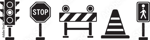 Essential Road Elements: A comprehensive assortment of essential road elements, including a traffic light, stop sign, road barrier, safety cone, and pedestrian crossing signal.