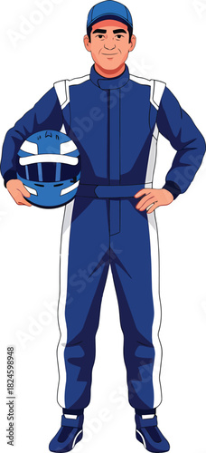 Stylish flat design artwork capturing the friendly and composed demeanor of a grand prix race car driver