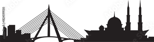 Putrajaya Skyline Silhouette with Cable Stay Bridge and Mosque. Vector black silhouette