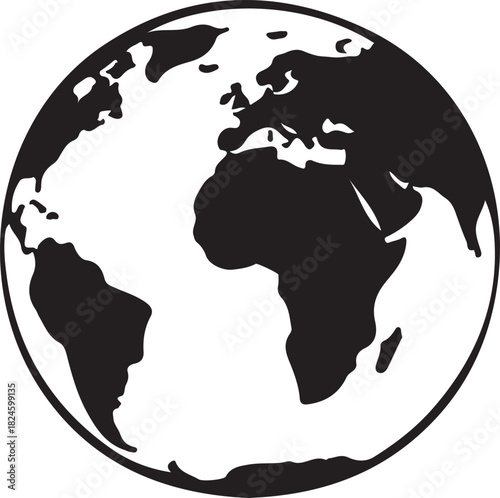 Global Sphere in Simplicity: The stark contrast of the solid black globe against the surrounding space, highlighting its form. A minimalist representation of our planet.