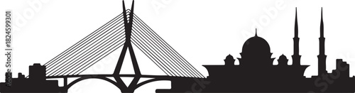 Putrajaya Skyline Silhouette with Cable Stay Bridge and Mosque. Vector black silhouette