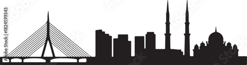 Putrajaya Skyline Silhouette with Cable Stay Bridge and Mosque. Vector black silhouette