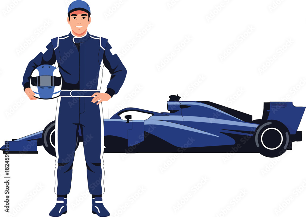 Obraz premium Full-length vector illustration of a professional race car driver posing proudly beside his high-performance, dark blue single-seater open-wheel racing machine