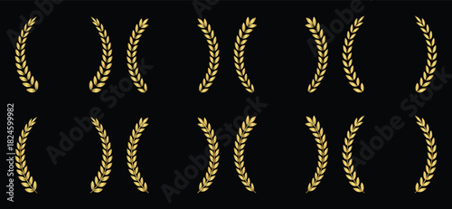 Collection of Golden circular laurel wreath, Emblem floral Greek branch of oak leaves, eucalyptus leaf, Wheat, winner award, champion medal and flower ornaments vector