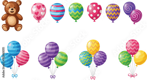 Cute Vector Illustration Set of a Teddy Bear and Colorful Celebration Balloons with Stripes, Polka Dots, Hearts, and Chevron Patterns, Ideal for Birthday Party Graphics and Events