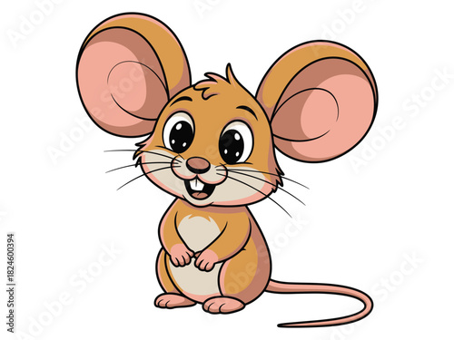 A cute cartoon mouse with large ears smiles brightly at the viewer.