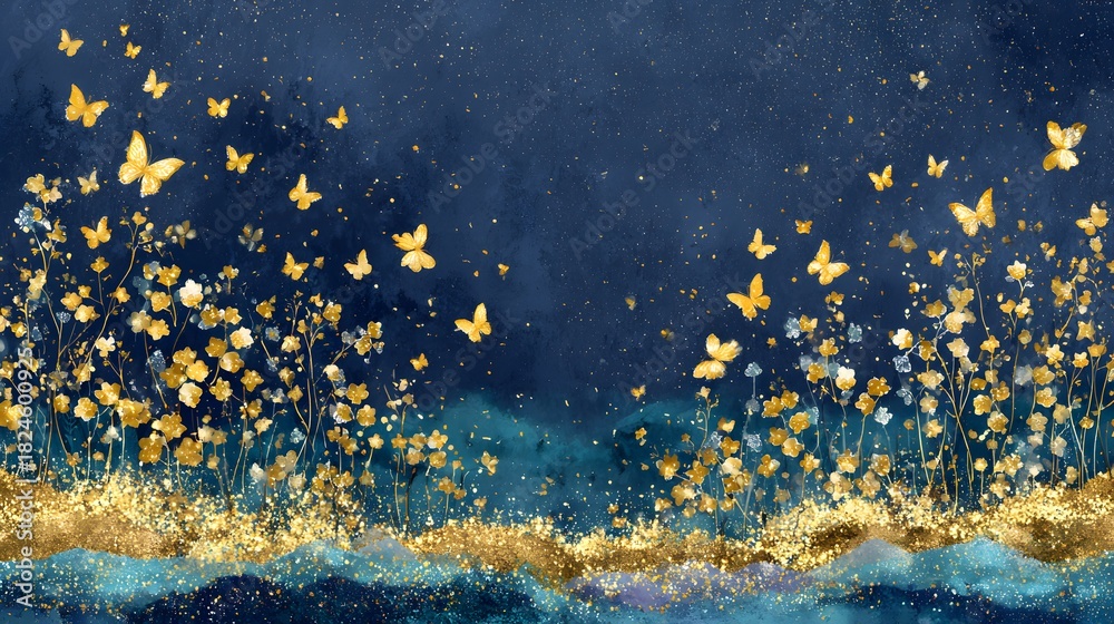 Fototapeta premium Dreamy golden butterflies and floral meadow on dark blue watercolor background