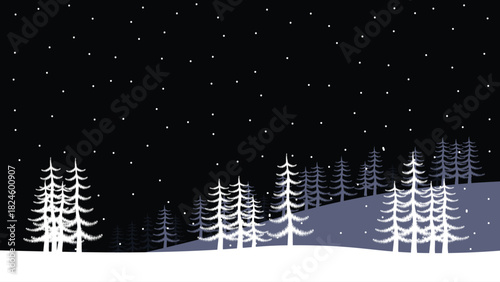 Snowfall in a cold winter pine forest at night. Illustration.