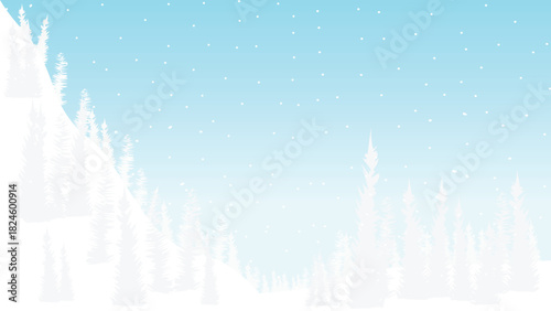 Snowfall in a cold winter pine forest on a high mountain. Illustration.