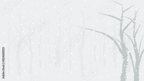 Snowfall in a cold autumn forest. Illustration.