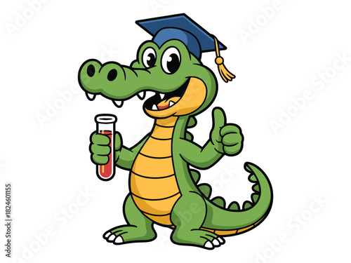 A cartoon alligator in a graduation cap holds a test tube and gives a thumbs up.