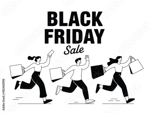 People are running with shopping bags for a Black Friday sale event.