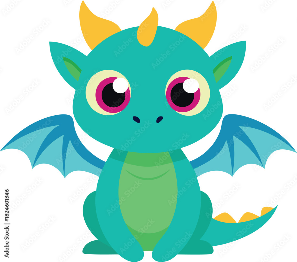 Fototapeta premium Cute cartoon baby dragon sitting with big eyes and blue wings