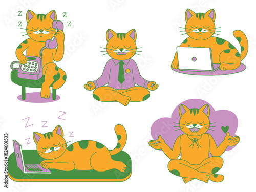 A cat exhibits various states of business activity and relaxation in five scenes.