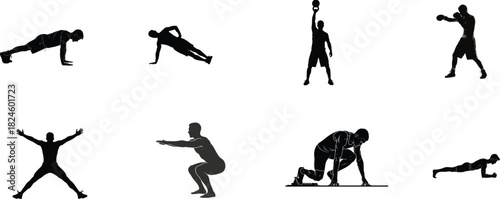 Silhouette collection of diverse bodyweight exercises for fitness and strength training
