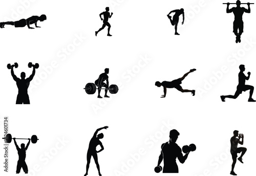 vector silhouettes of people, Silhouette set of people exercising and working out in various poses,
