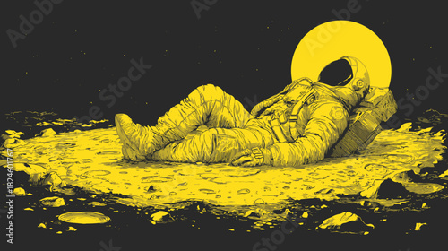 Relaxed astronaut in a spacesuit on a barren moon-like surface under a golden celestial body, vintage sci-fi art.