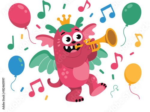 A whimsical monster plays a trumpet at a colorful birthday party with balloons and confetti.