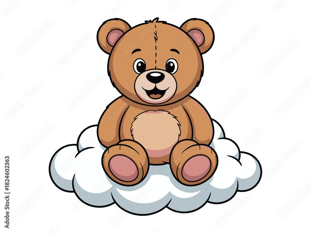 Obraz premium A cute brown teddy bear sits on a fluffy white cloud against a white background.