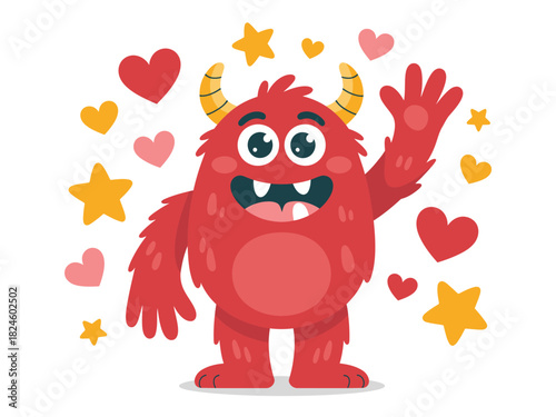 A friendly red monster with horns waves hello among hearts and stars.