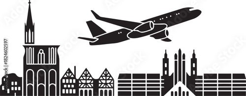 Strasbourg Skyline Line Art with Airplane. Vector black silhouette
