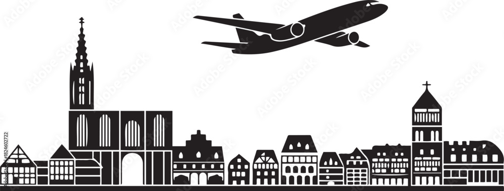 Fototapeta premium Strasbourg Skyline Line Art with Airplane. Vector black silhouette