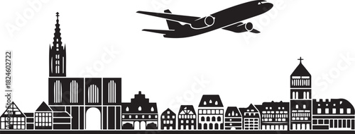 Strasbourg Skyline Line Art with Airplane. Vector black silhouette