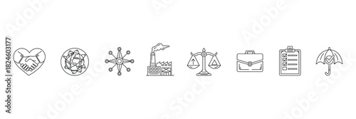 Corporate social responsibility and sustainability editable stroke icon set. Outline heart handshake  global connectivity, factory industry, justice scale, briefcase, checklist, design collection.