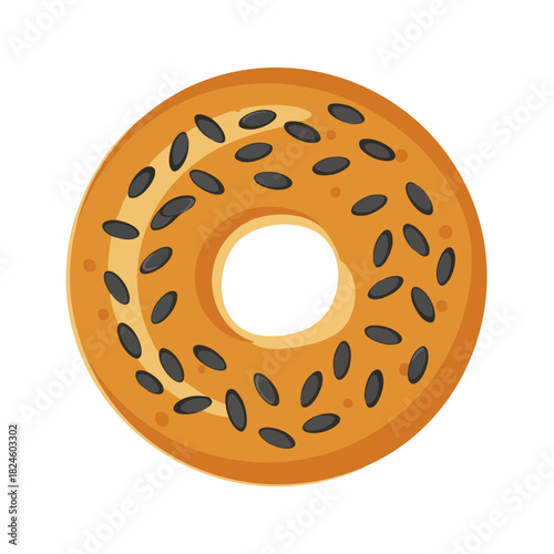 Classic golden brown bagel with black sesame seeds flat illustration.