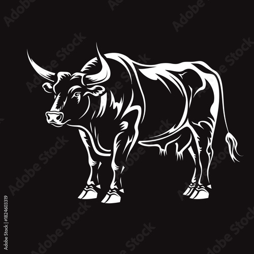 Majestic bull vector illustration in white on a dark background, symbolizing power, strength, and determination. Wild animal artwork.