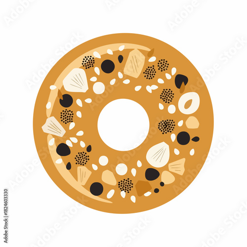 Stylized illustration of a gourmet bagel with diverse toppings.