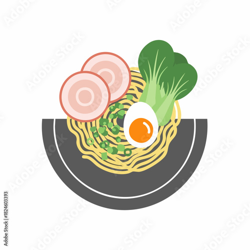 Japanese ramen noodle soup bowl with pork egg and vegetables.