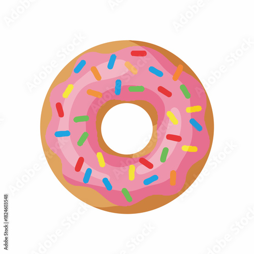 Pink frosted donut with colorful rainbow sprinkles isolated.