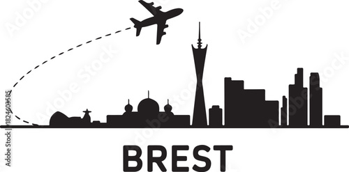 Minimalist Brest Skyline with Airplane and Dash Line. Vector black silhouette