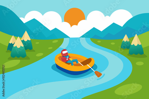 Cartoon river raft adventure vector illustration