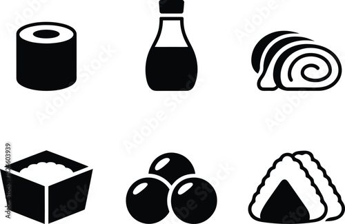 Sushi assortment of maki temari onigiri and sauce icon set design